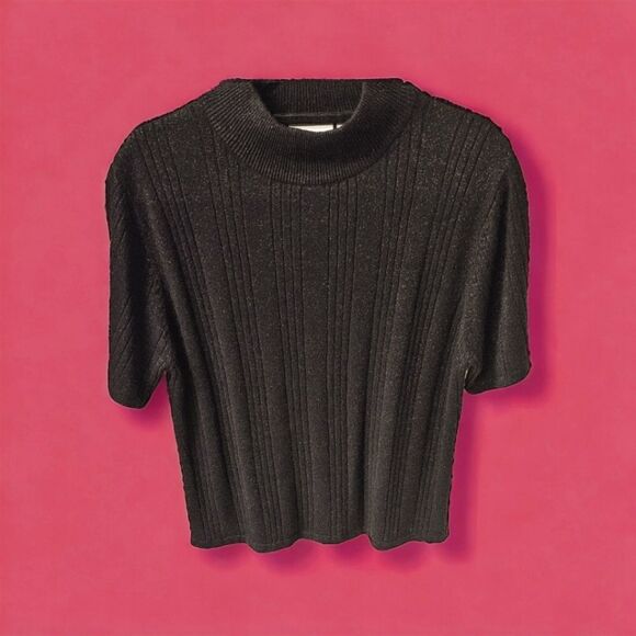 NWOT CROFT & BARROW Women's Black Metallic Sparkle Short Sleeve Sweater - Picture 2 of 12